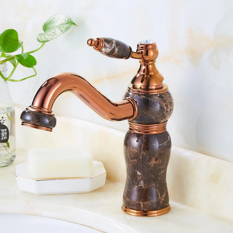 All copper natural jade color hot and cold faucet, rose gold washbasin faucet