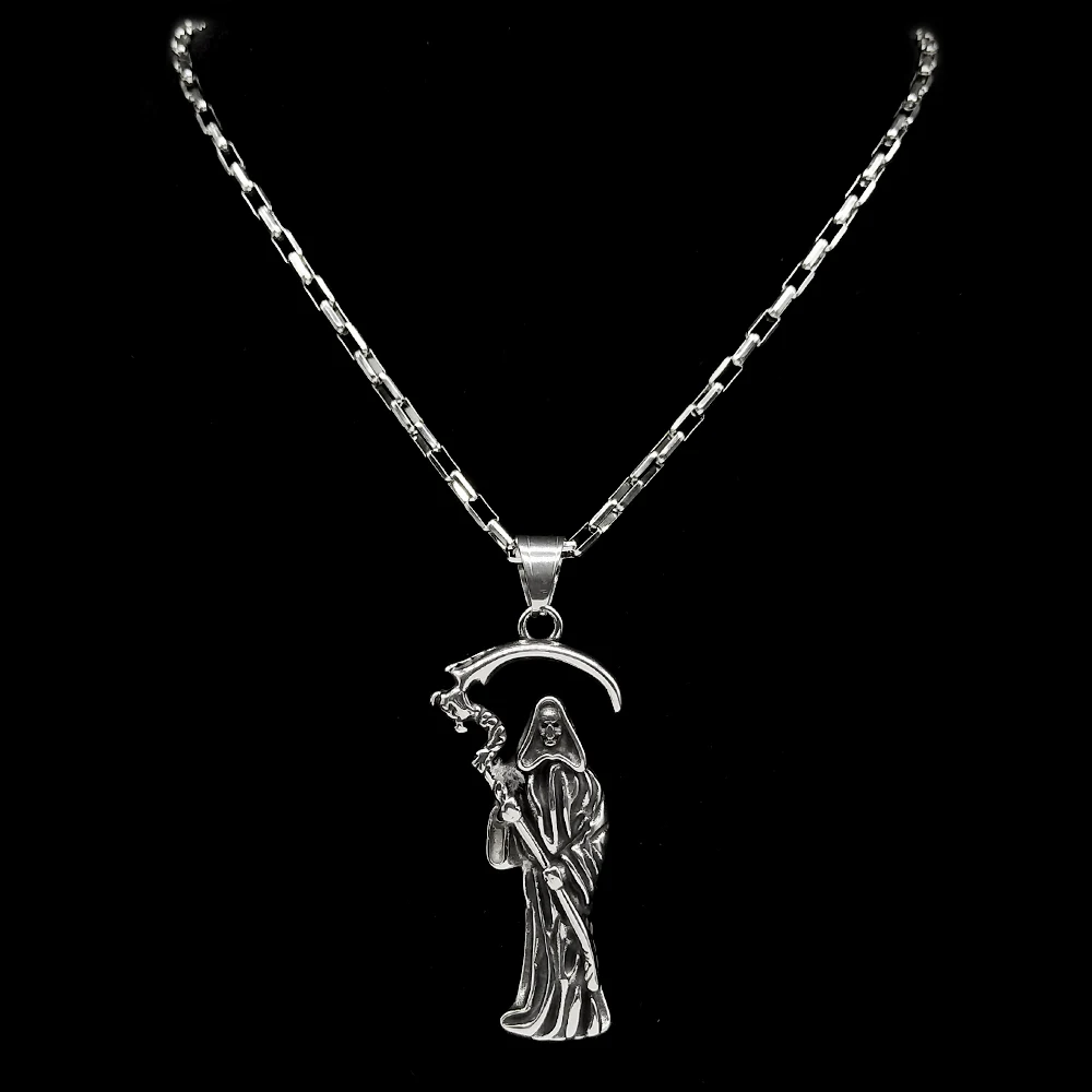 Collar de Santa Muerte Grim Reaper de la Santa muerte para hombre, collares de cadena masculinos de Color plateado de acero inoxidable, regalo de joyería