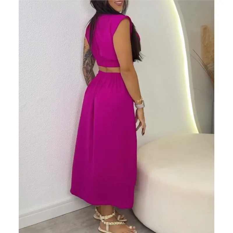 Vestidos largos sexis de verano con cintura calada Woneb 2025, moda nueva sin mangas, vestido camisero con abertura alta, vestido de fiesta elegante para oficina