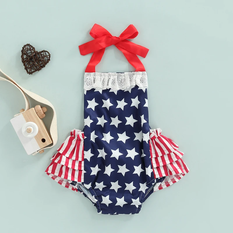 

Toddler Fourth of July American Flag Print Sleeveless Halter Strap Square Neck Lace Panel Romper