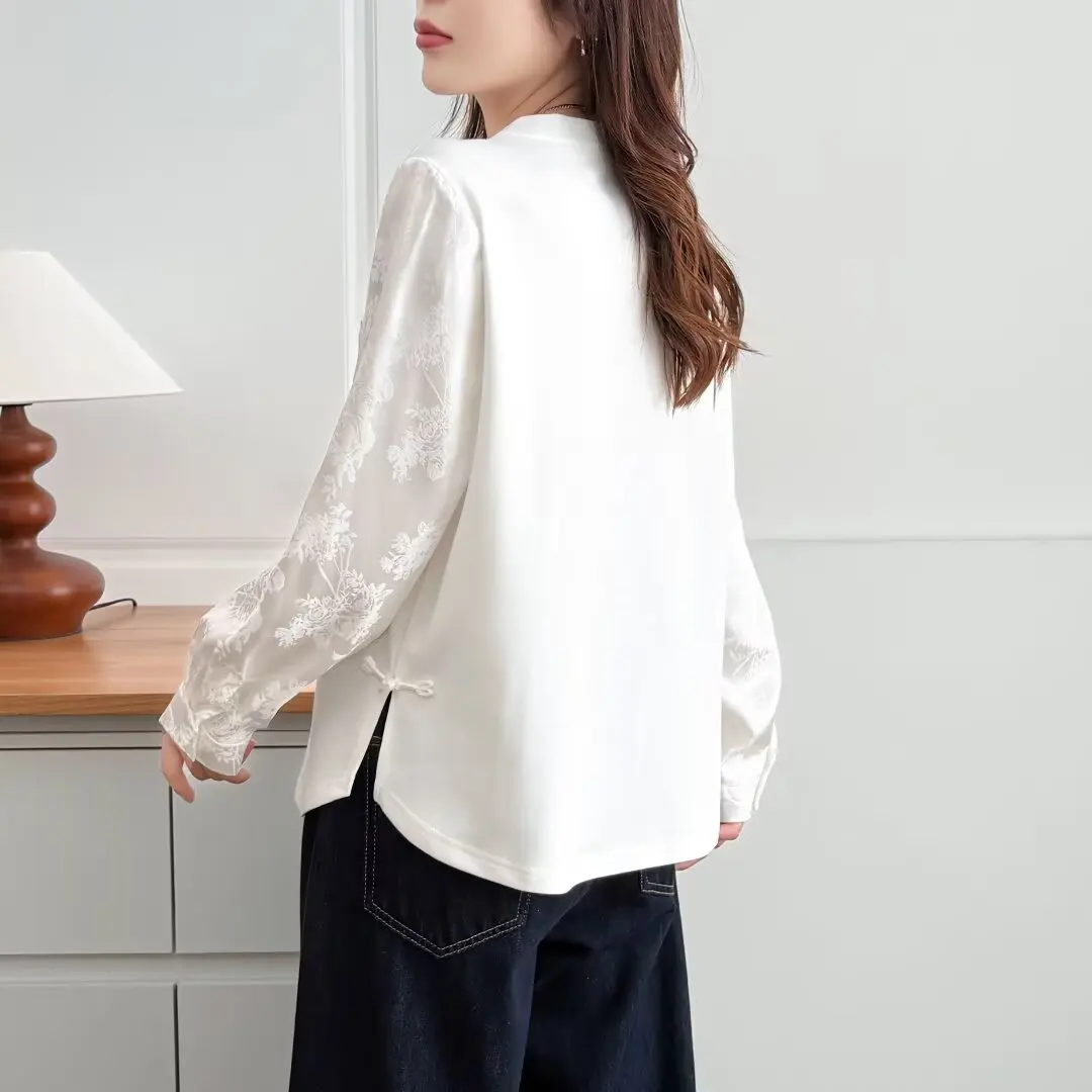 XXXXL 패션 플러스 사이즈 여성 티셔츠 2025 가을 신상 중국풍 새틴 패치워크 긴팔 상의 2566