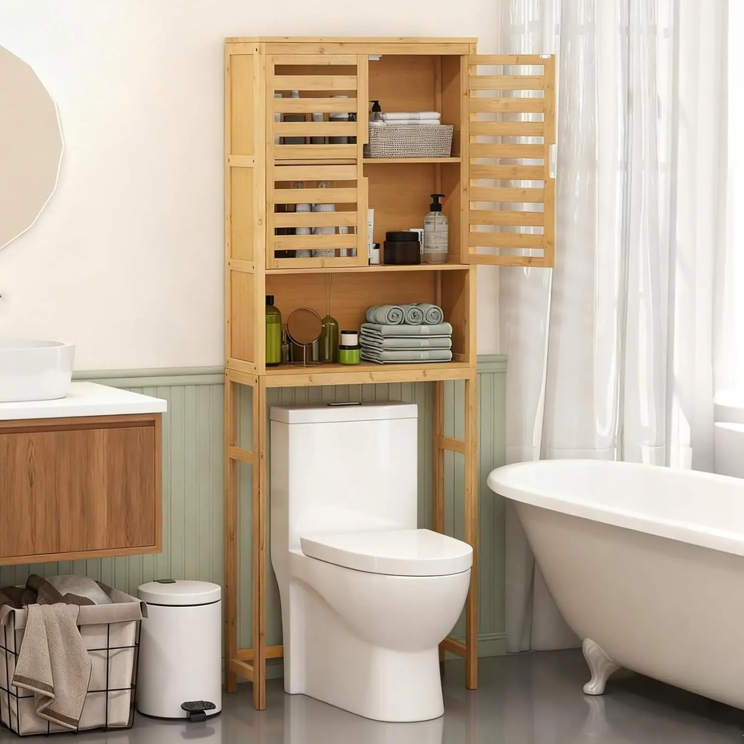 

Over The Toilet Storage Cabinet, 3-Tier Bamboo Bathroom Space Saver with 2 Louver Doors, Open Shelf, Adjustable Bottom Bar, O