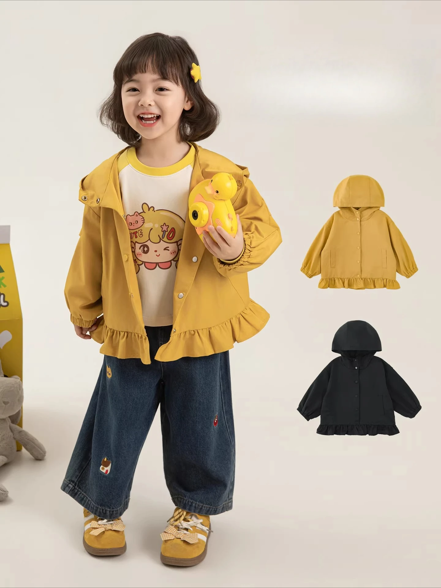 

Весенний однотонный тренч с капюшоном для девочек 2026 года, свободный повседневный универсальный топ для детей, комфортный, 3-12 лет