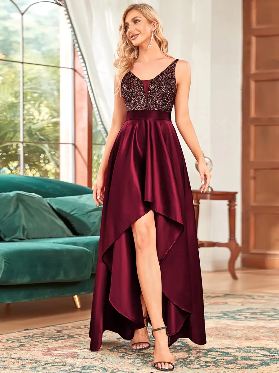 

Elegant Evening Dresses Deep V-neck Backless Asymmetric knee length 2025 Ever Pretty of Sparkly Burgundy Bridesmaid dress