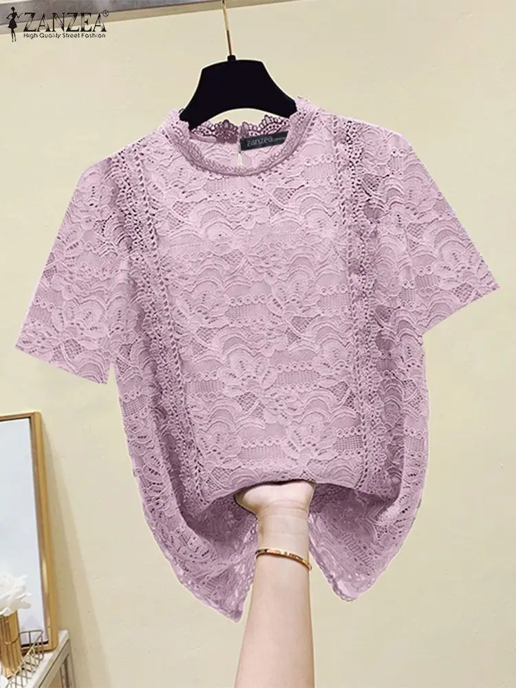 ZANZEA Women Crochet Blouse Vintage Short Sleeve Round Neck Tunics 2024 Summer Lace Patchwork Hollow Out Blusa Casual Loose Tops