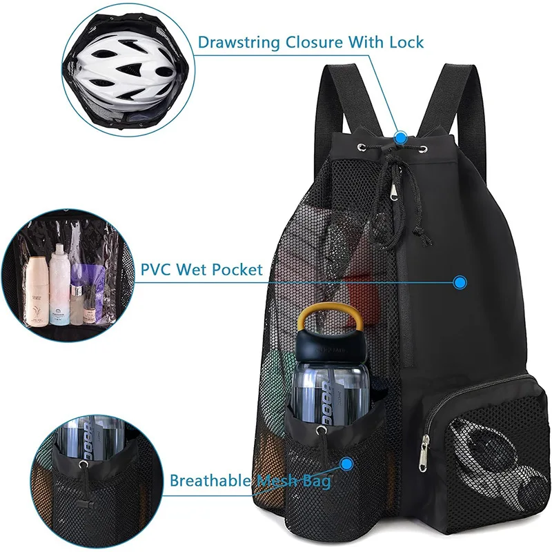Swim Bag Mesh Drawstring Backpack with Wet Pocket Multipurpose Beach Backpack for Swimming, Gym, and Workout Gear
