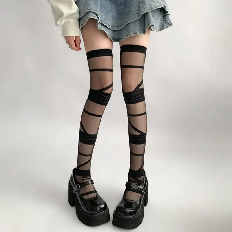 N7ye vrouwen gotische punk verband patroon dij hoge kousen Japanse jk girl zijde over knie sokken
