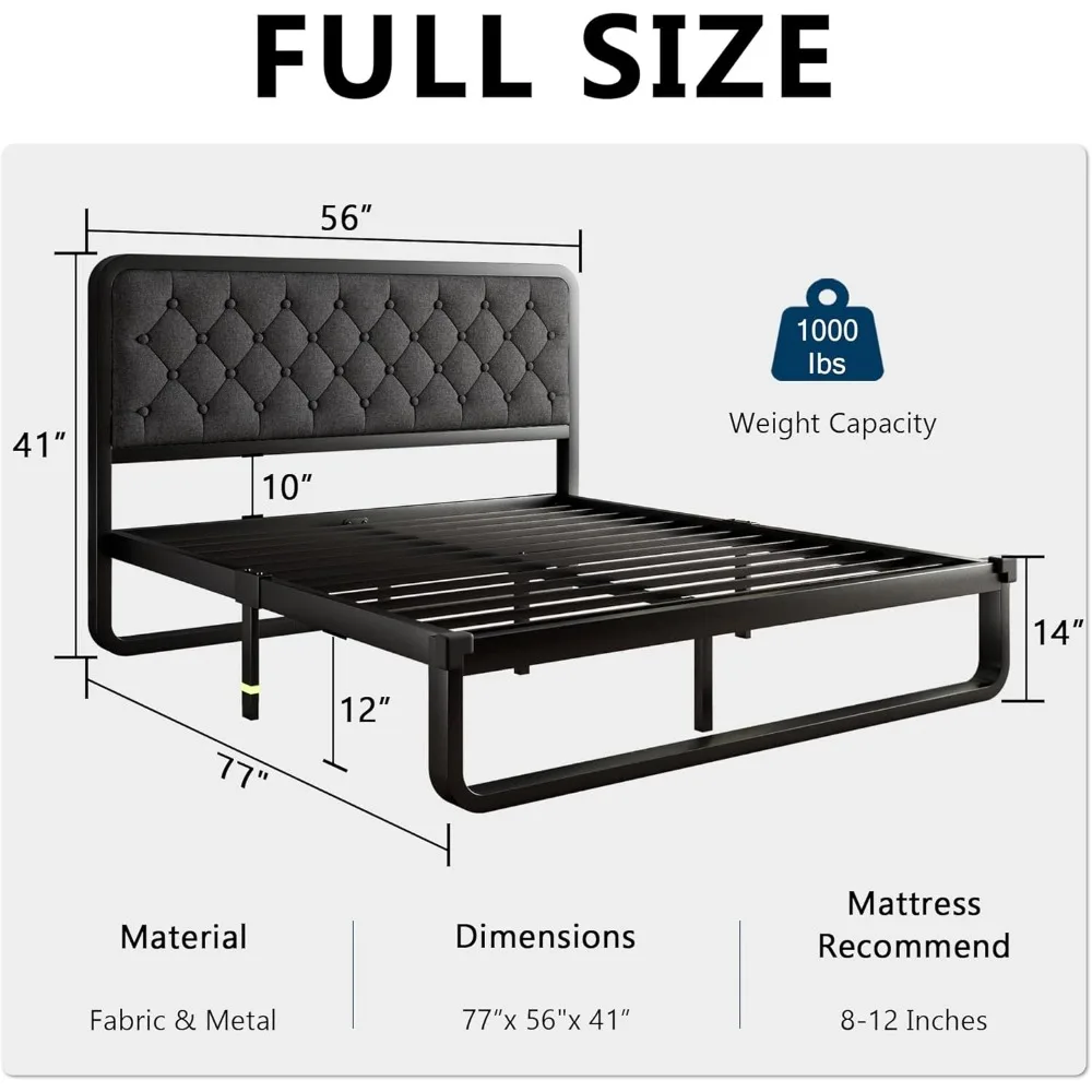 Bed Frame, Curved Metal Platform Bed Frame with Linen Upholstered Headboard, 12 Inch Under-Bed Space, No Box Spring Needed