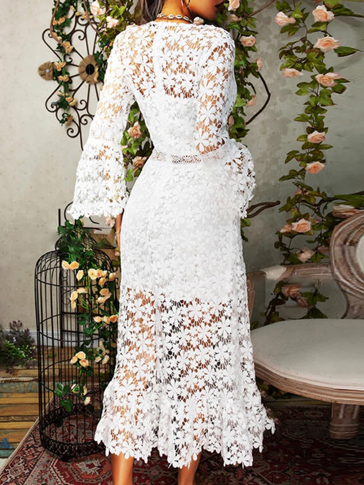 Robe longue en dentelle à manches évasées pour femmes, robe à col en V, blanc, évider, décontracté, fête, élégant, sexy, mode, été