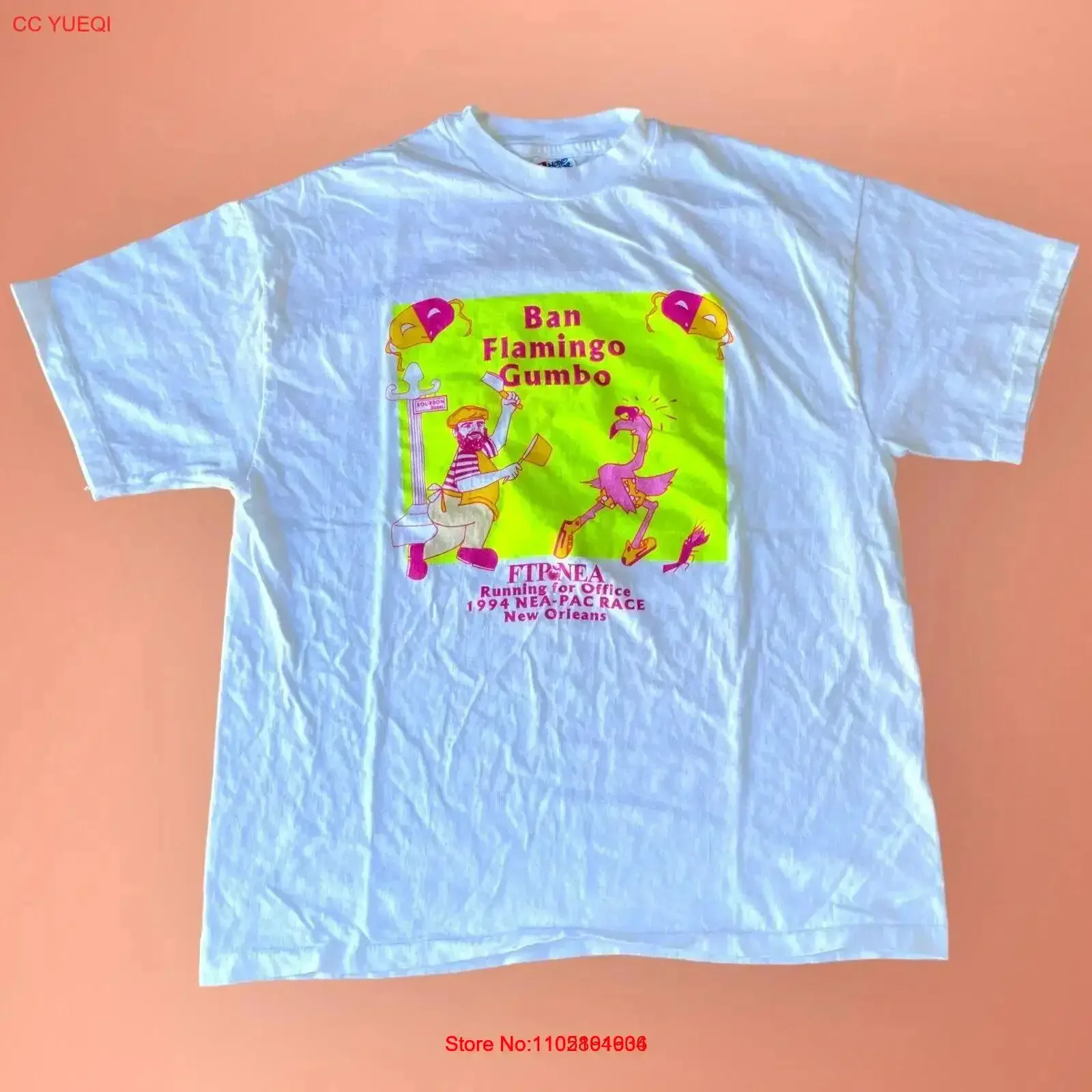 

Vintage 1994 Ban Flamingo Gumbo Double Sided Neon T Shirt Size Large vintage Washed Stretched Slightly Top For Everyday Wear