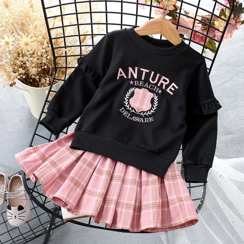 2024 spring autumn Baby girls  embroidered letter long-sleeved sweatershirt tops + plaid skirt two-piece clothing suit