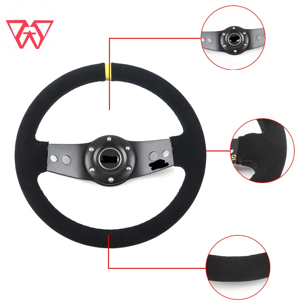 Universal 13 inch 330mm Suede Leather Steering Wheel 2 Spoke Racing Sports Deep Dish Steering Wheel Yellow Stripe