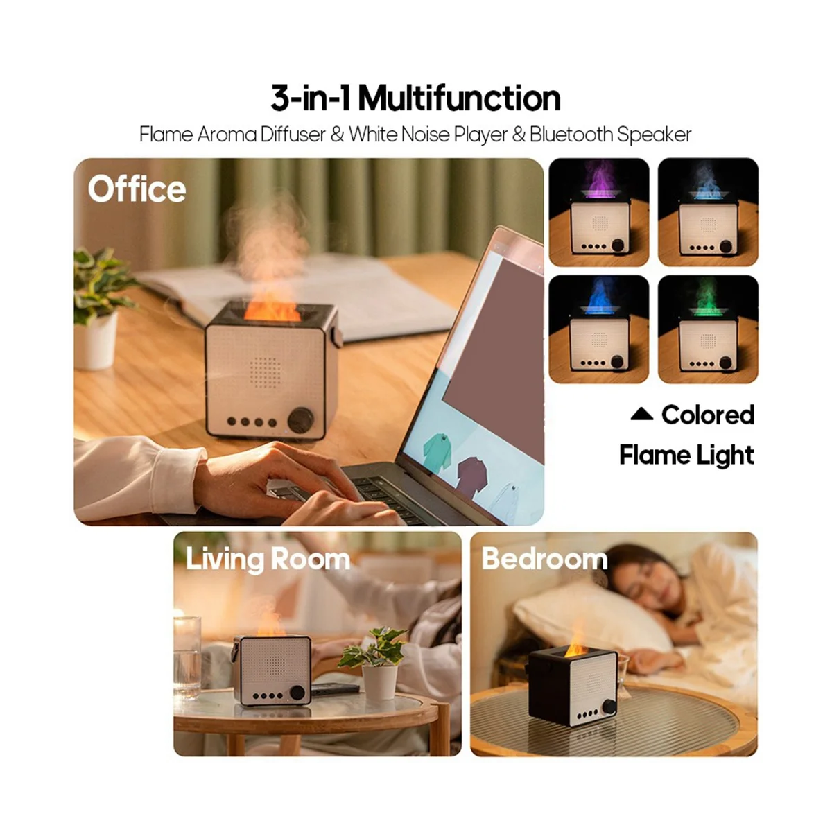 เครื่องกระจายกลิ่นเปลวไฟแบบพกพาไร้สายเครื่องเพิ่มความชื้นในอากาศ Essential เครื่องเล่นเสียงสีขาวเครื่องช่วยการนอนหลับลำโพง BT