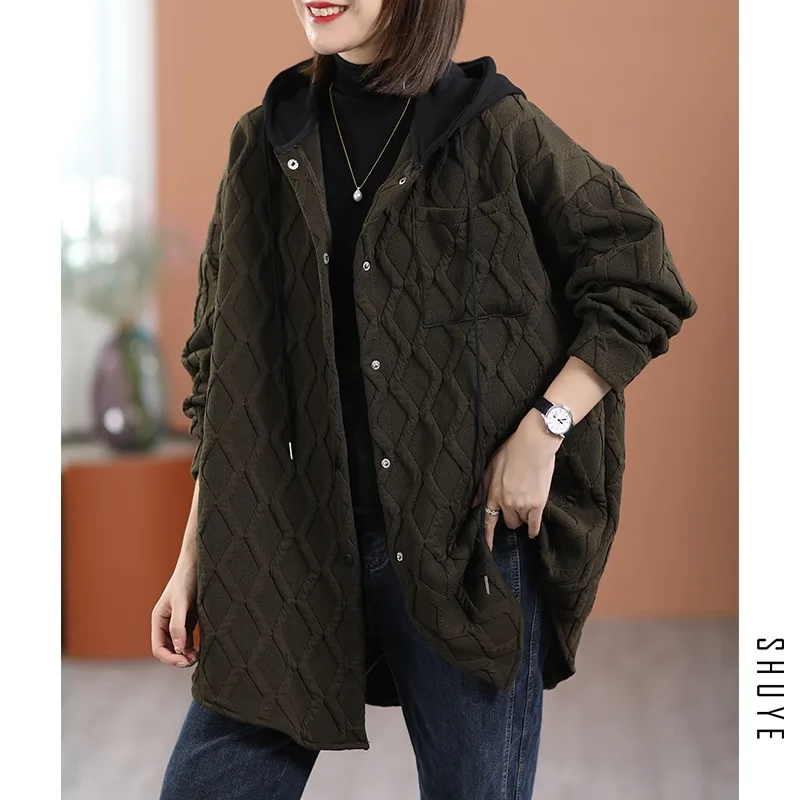 Lightweight Cotton Jaet Women's Autumn Winter Casual Faion Midi Length Patchwork Color Hooded Rhombus Cotton Coat