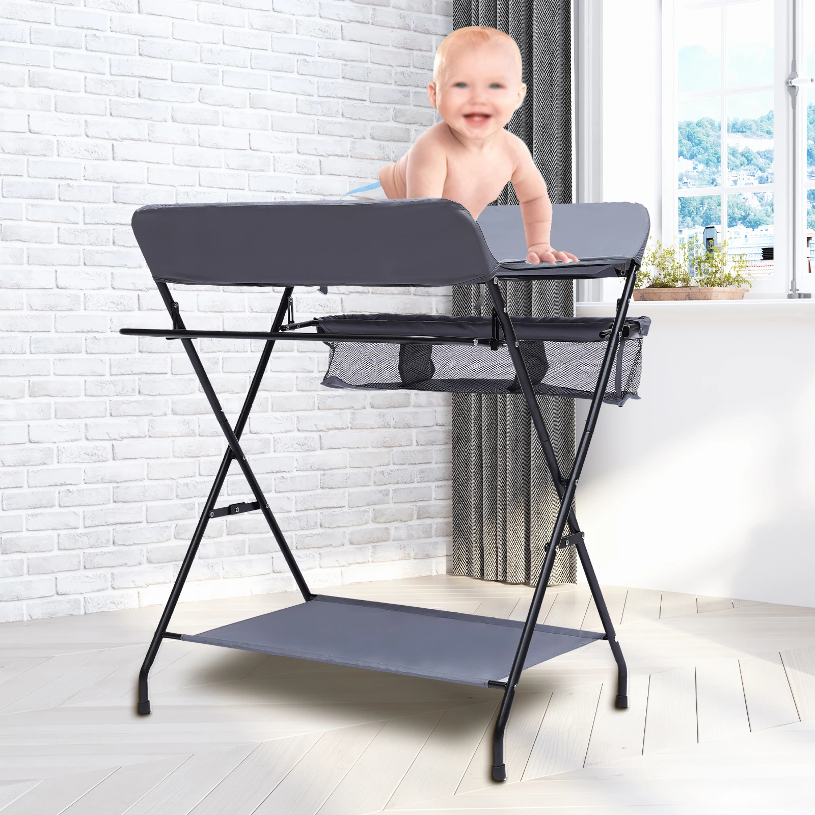 Baby Infant Changing Table Folding Diaper Station Nursery Organizer Height adjustable w/Storage and Universal Wheels