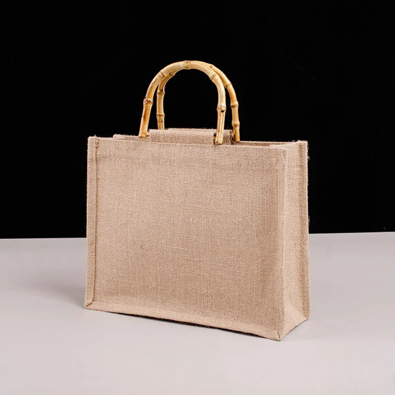 Vintage Bamboo Jute Bags Waterproof Burlap Tote Bag Casual Large Capacity Beige Handbag Portable Beach Travel Organizer Bags