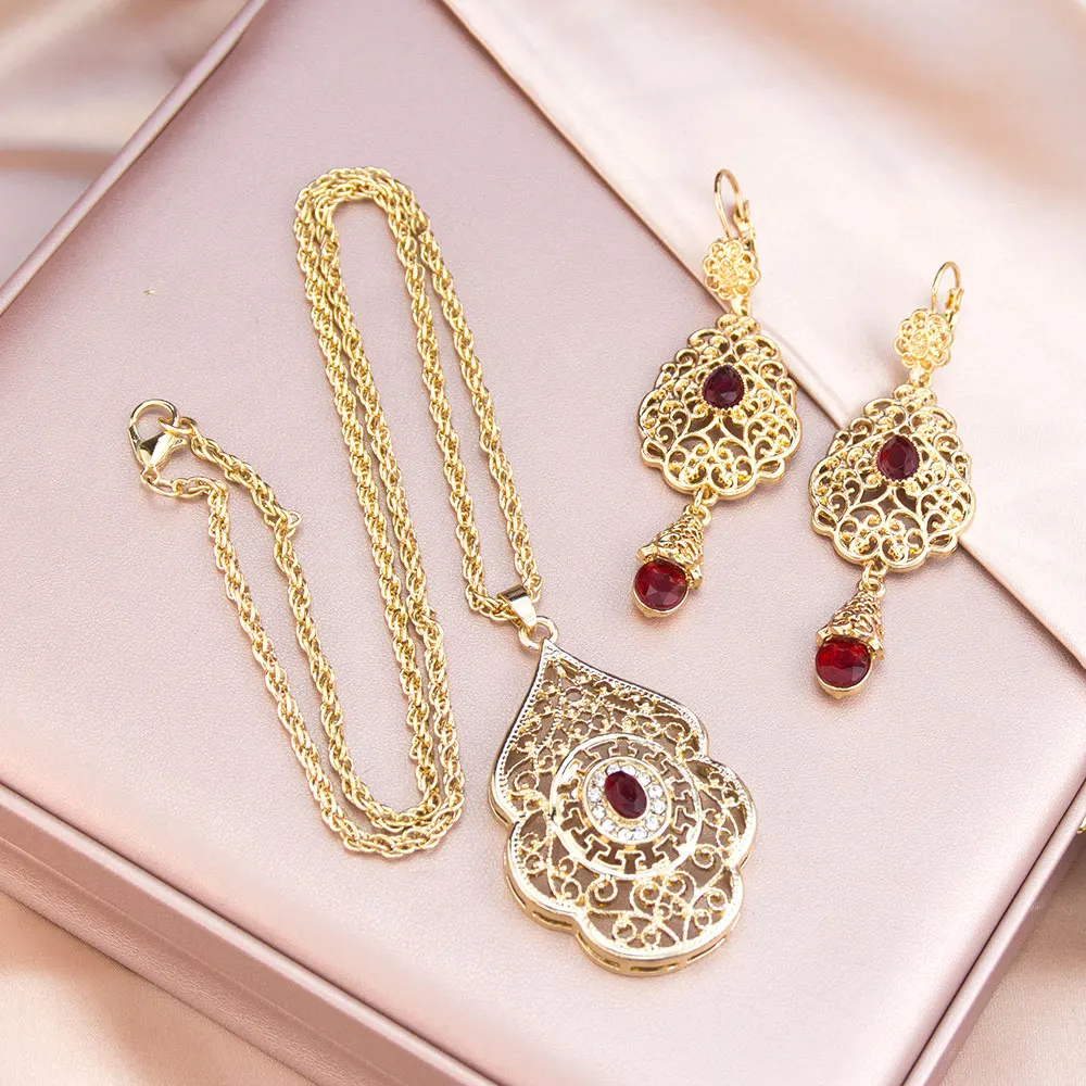 Gold Farbe Frauen Lange Tropfen Ohrring Hohl Anhänger Halskette Braut Hochzeit Schmuck Sets Neue Jahr Festival Bijoux