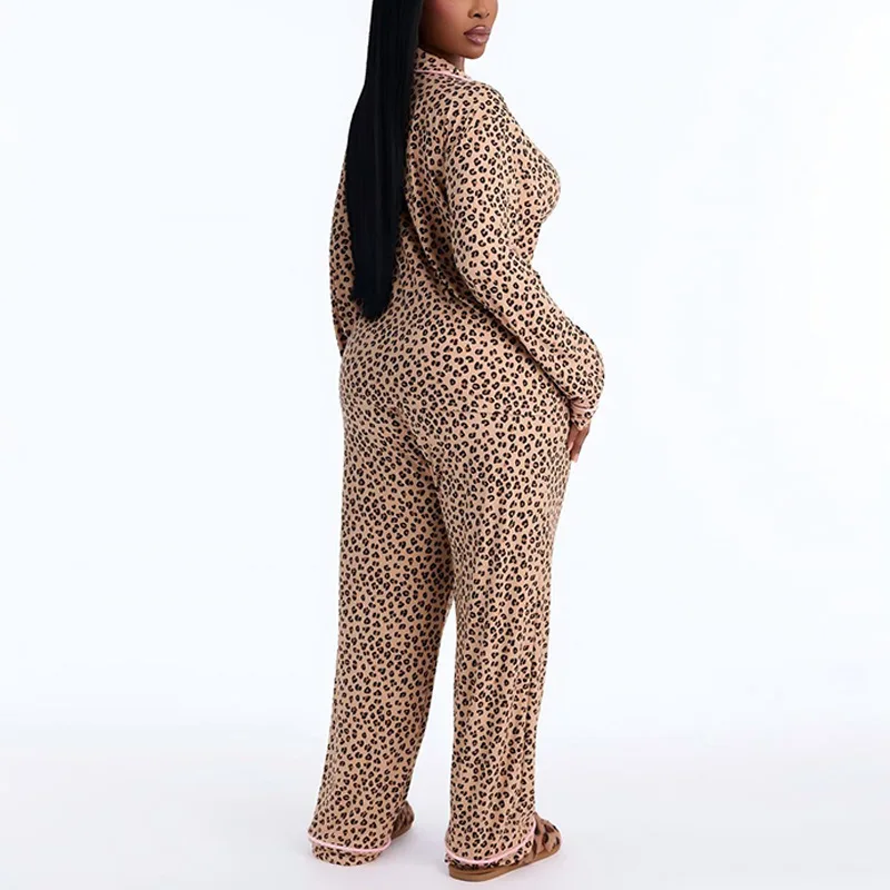 Women Leopard Print Pajama Set 2 Pcs Autumn New Homewear Long Sleeve Lapel Shirt&pants Loungewear Casual Loose Sleepwear 5