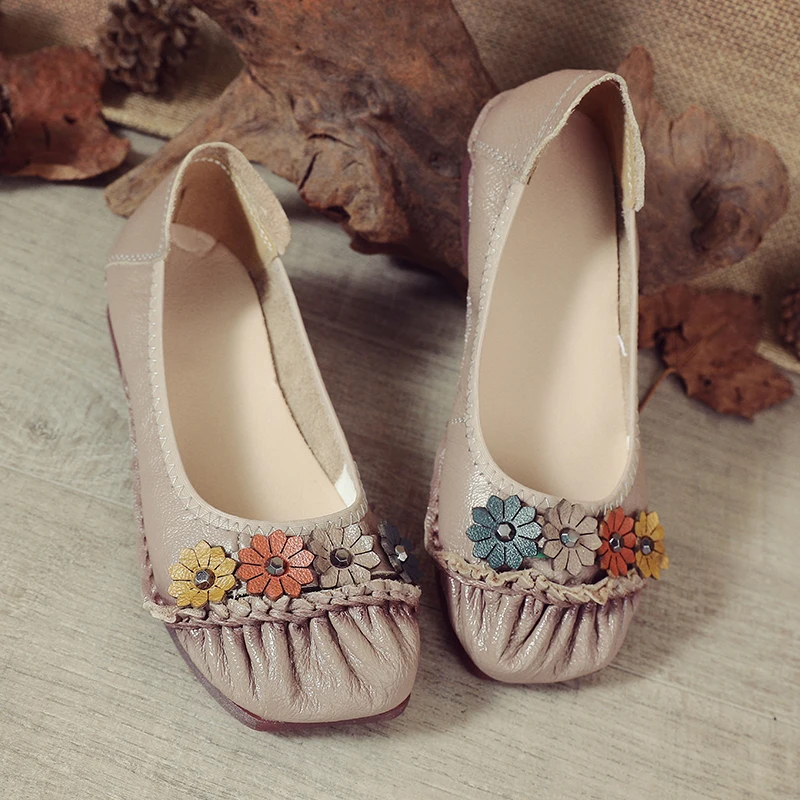 

New handmade winkles ballet flats women's real leather brown shallow shoes woman flower square toe driver flats casual moccasins