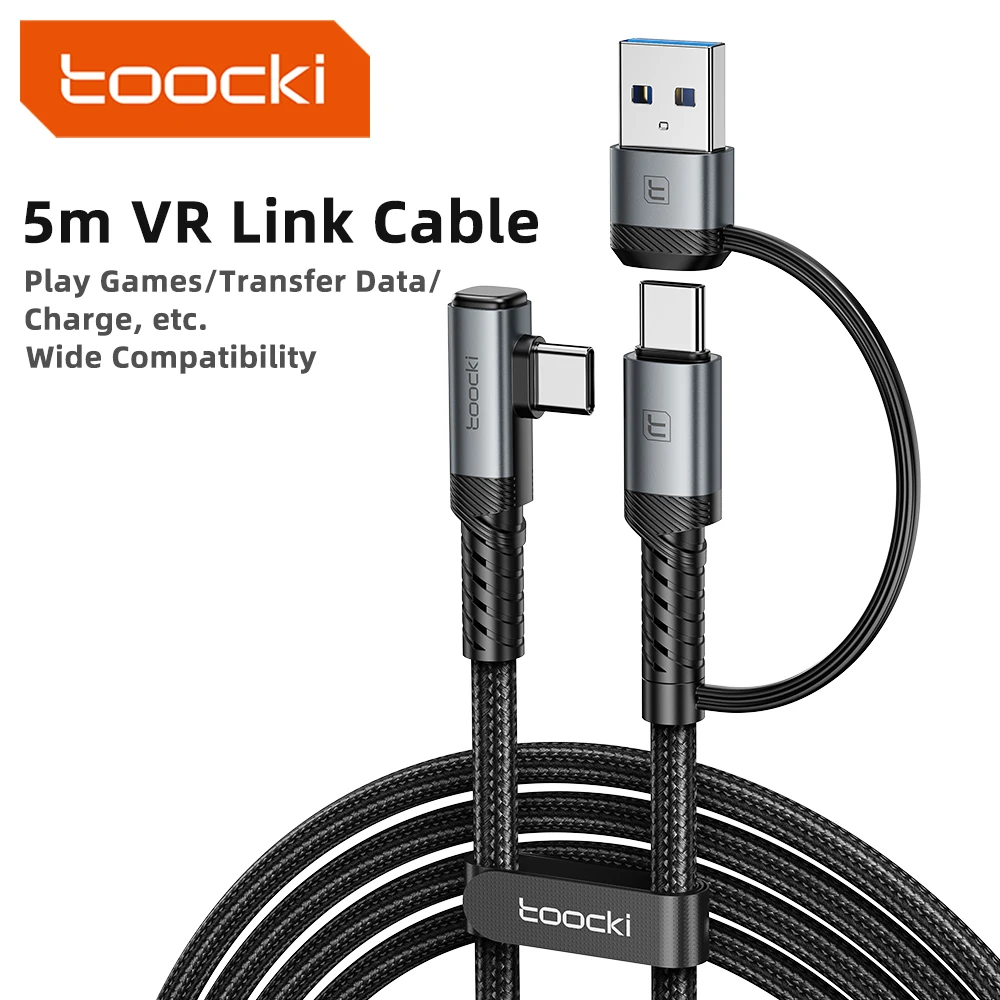 Toocki 5m VR Link Cable 2-in-1 USB A USB C to Type C PD USB3.0 Data Transfer Elbow Wire For Quest3/Quest2/Pro/Pico4 Accessories