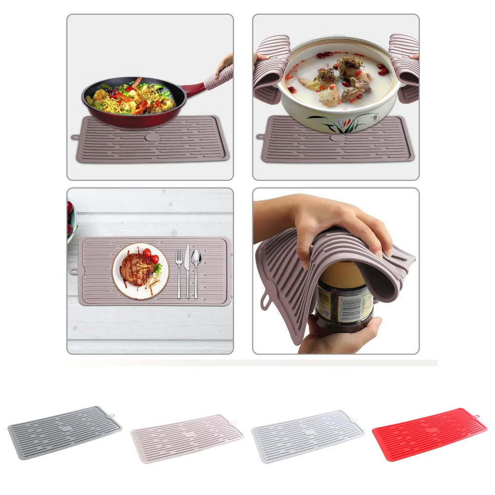 

Dark Grey Silicone Drying Mat 44.5x20x0.5cm Non-Slip Drain Pad Kitchen Deep Grooves Tableware Draining Tray Fruit Vegetable