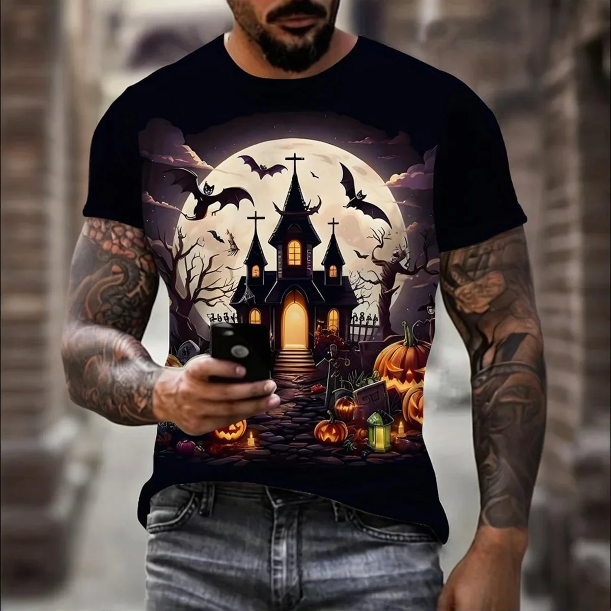 قميص Fantasy Halloween للجنسين: طباعة ثلاثية الأبعاد متوهجة في الظلام على تصميم رقبة دائرية من القماش المسامي للحفلات التنكرية وأحداث النادي #1