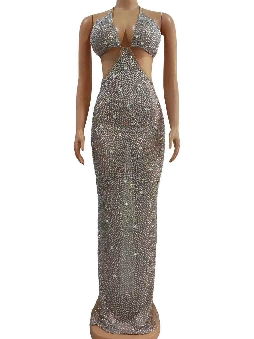 

Glitter FullRhinestone Long Dress WomenBackless Sexy Evening Style Design BirthdayParty Queen Performance Singer Costume A465