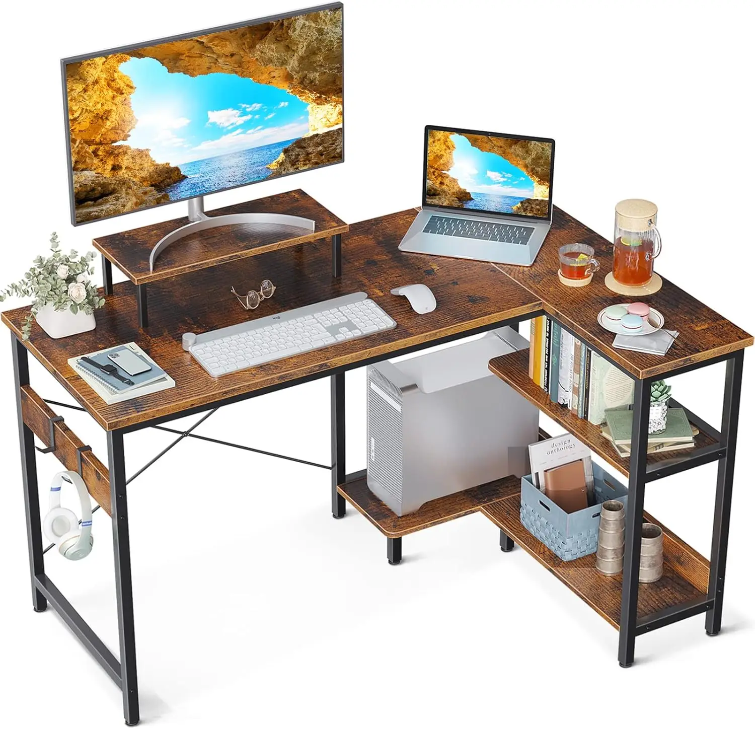 

40 Inch Small L Shaped Computer Desk with Reversible Storage Shelves, Corner Desk with Monitor Stand for Small Space