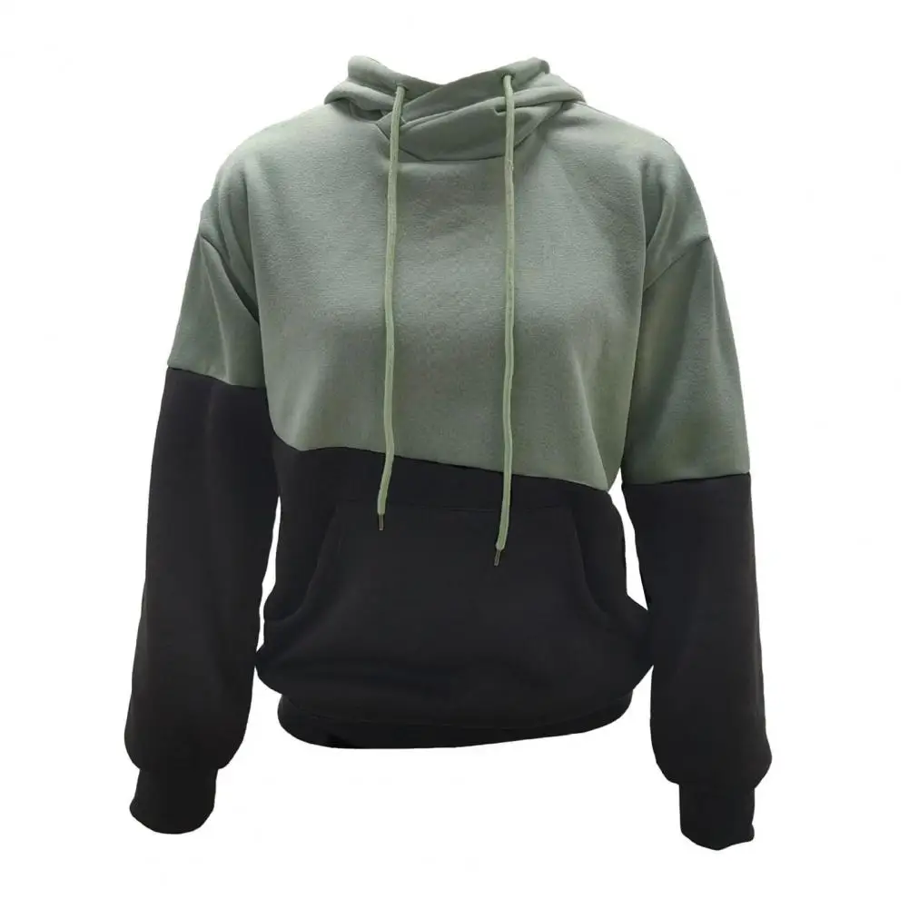 Fall Winter Lady Hoodie Colorblock Drawstring Long Sleeves Hooded Top Thick Elastic Cuffs Hem  Fitness Top With Big Pocket