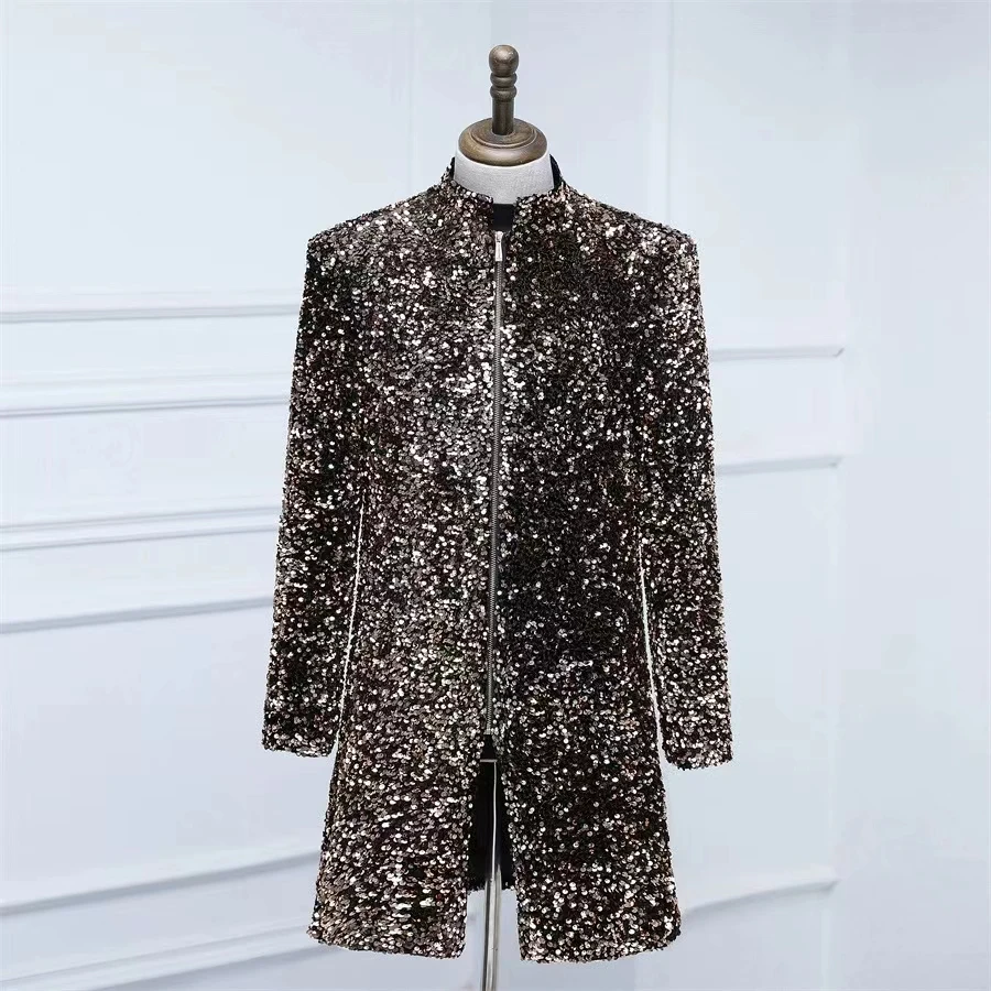 Coffee Colored Velvet Sequins Mid Length Suit Jacket Male Singer Stage Performance Costume Banquet Guests And Runway Dress