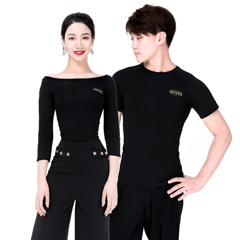 

Women Men Round Neck Short-Sleeved Exercise Clothes Modern Dance National Standard Costumes Latin Wear Latin Dance Tops