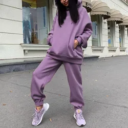 Oversized 2 Piece Outfits Women Autumn Tracksuit Solid Color Loose Elastic Waist Thick Hooded Pocket Winter Hoodie Pants Set