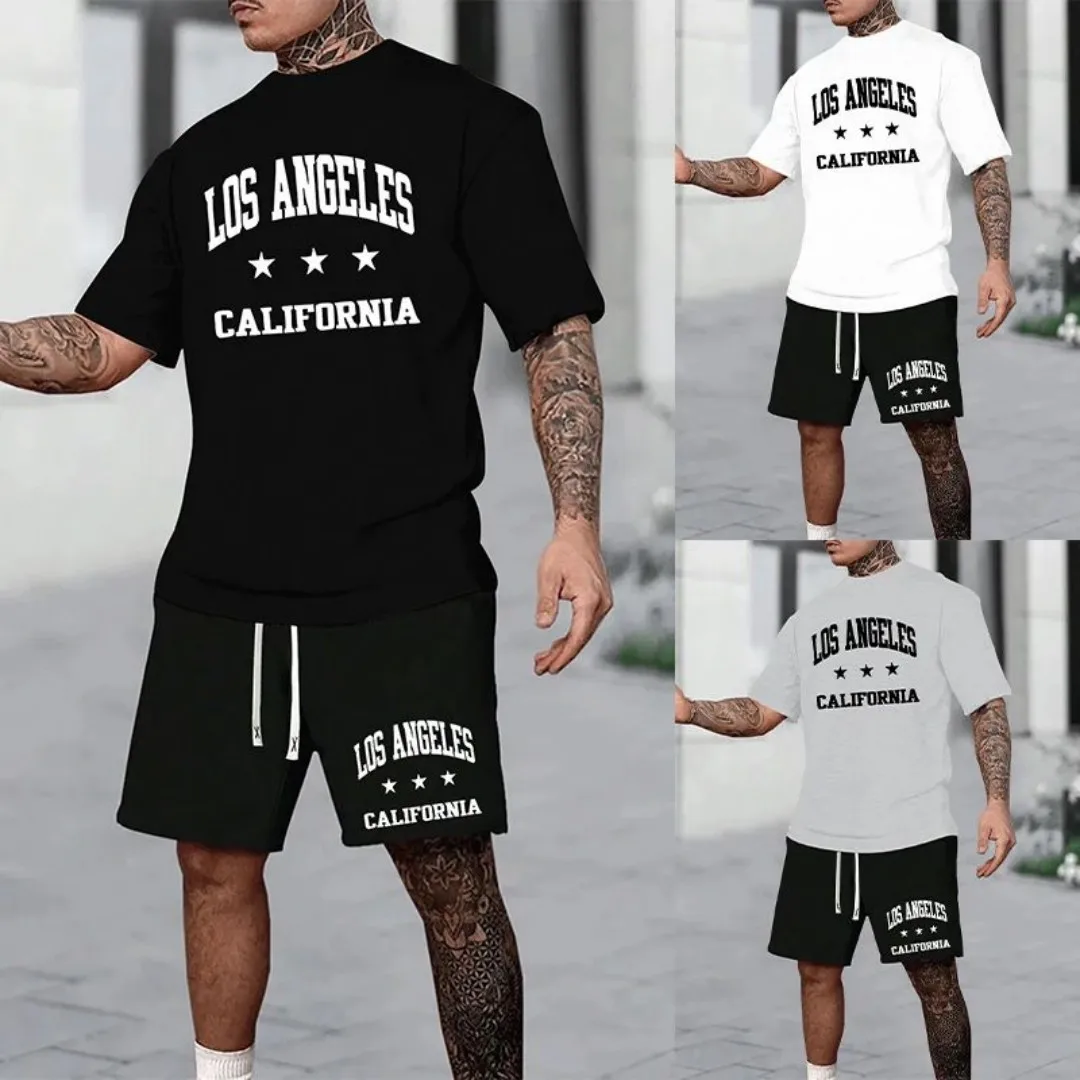 

2025 summer new men's casual sports set 3d printed summer letter fashion breathable fresh clothing men's crew-neck T-shirt