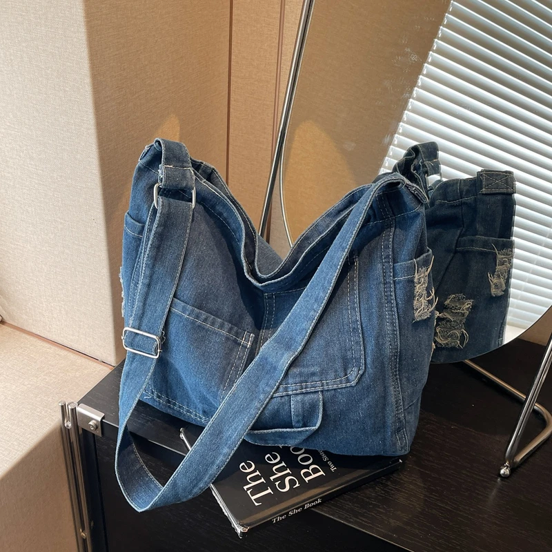 Denim Shoulder Crossbody Bag Women Casual Tote Large Capacity Fits Tablet Lightweight Daily Travel