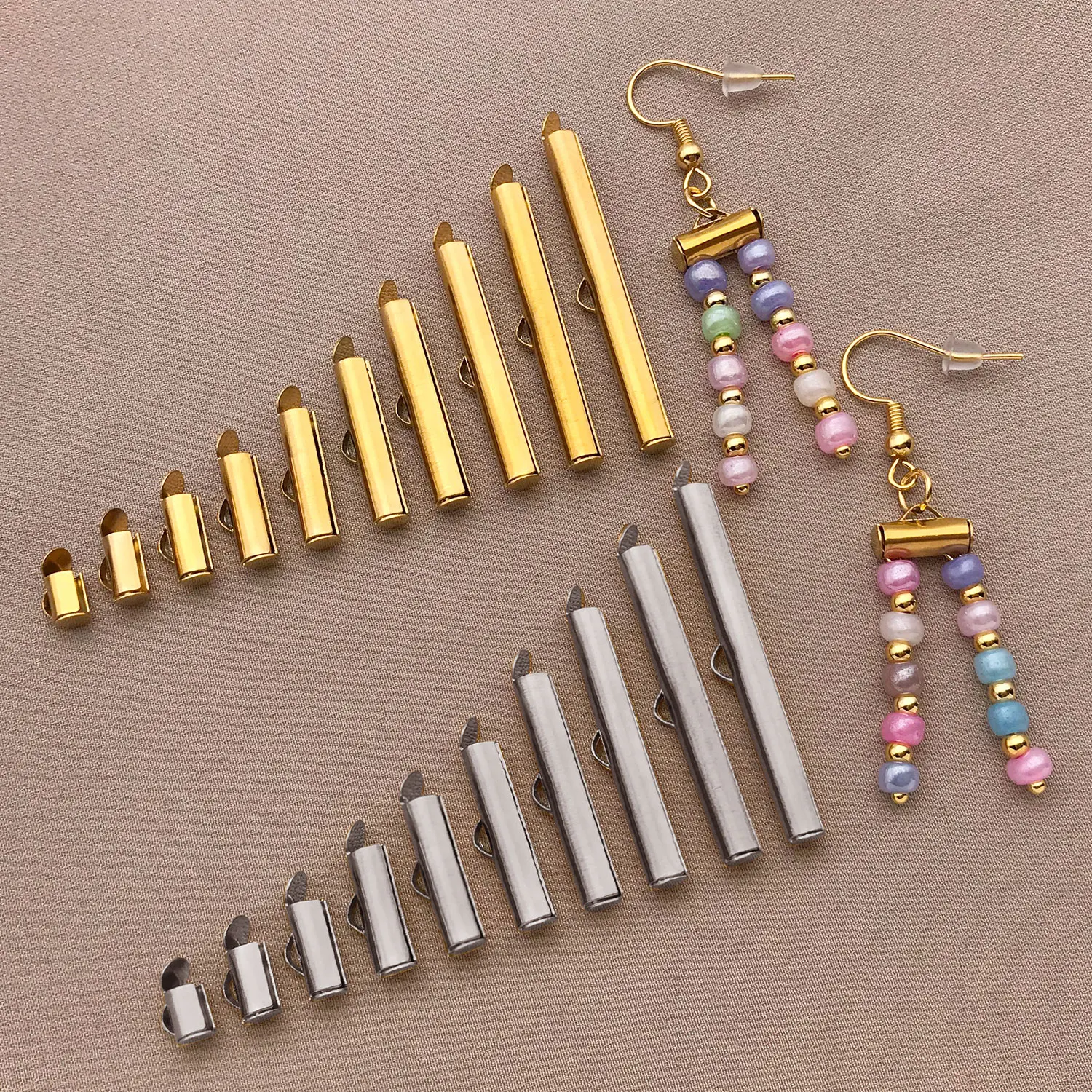 10pcs/lot Stainless Steel Crimp End Caps Slider Clasp Buckles Tubes Slider End Caps Connector For DIY Jewelry Making Accessories