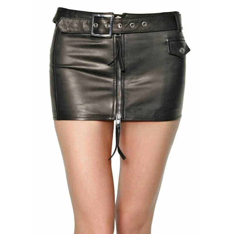 Women Authentic Lambskin 100% Leather Skirt Belted Zip Up Mini Skirt Fashion Trends