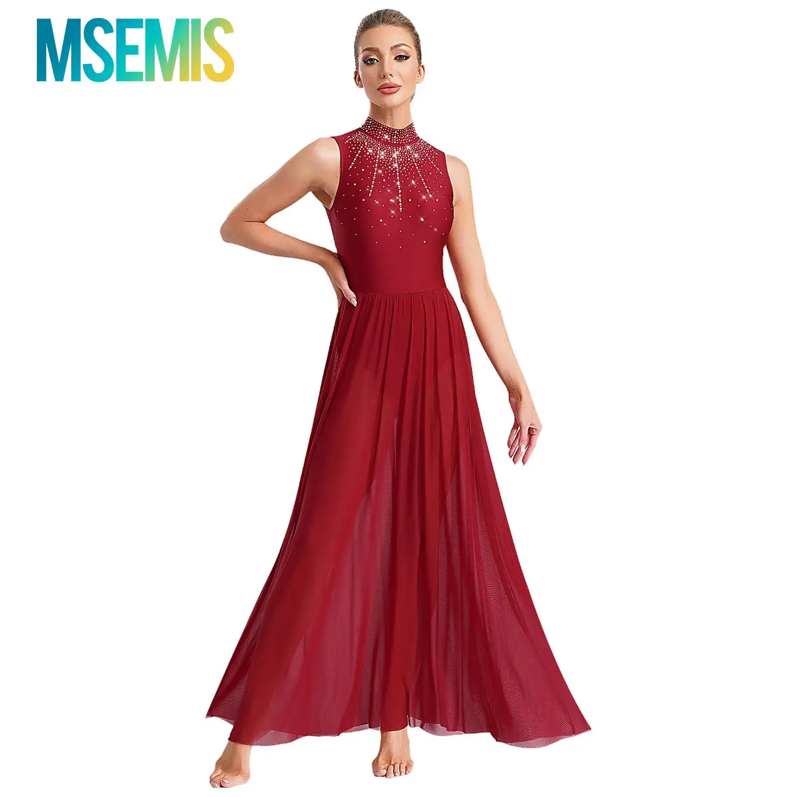 فساتين رقص غنائية بدون أكمام للسيدات، رقبة وهمية، فتحة خلفية واسعة، حافة لامعة، أحجار الراين، زي رقص عصري معاصر #1