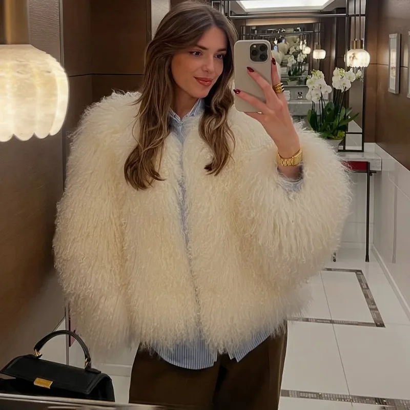 Talenza Female Fluffy Faux Fox Fur Jacket Overcoat Winter Loose Luxury Long Sleeve High Waist Patchwork Coat Women Outwear 2025
