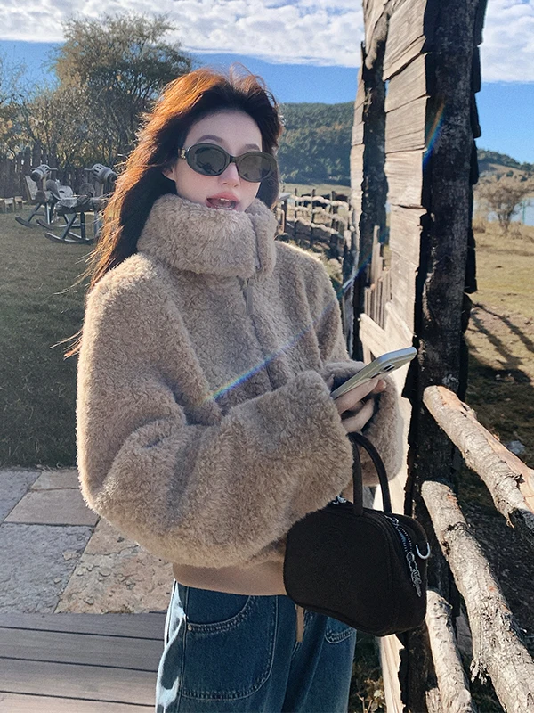 Damska kurtka z futra jagnięcego, ocieplana, ciepła, puszysta, z aksamitu jagnięcego, z dużym kołnierzem, jesienno-zimowa, nowoczesna, luźny krój, zapinana na zamek.