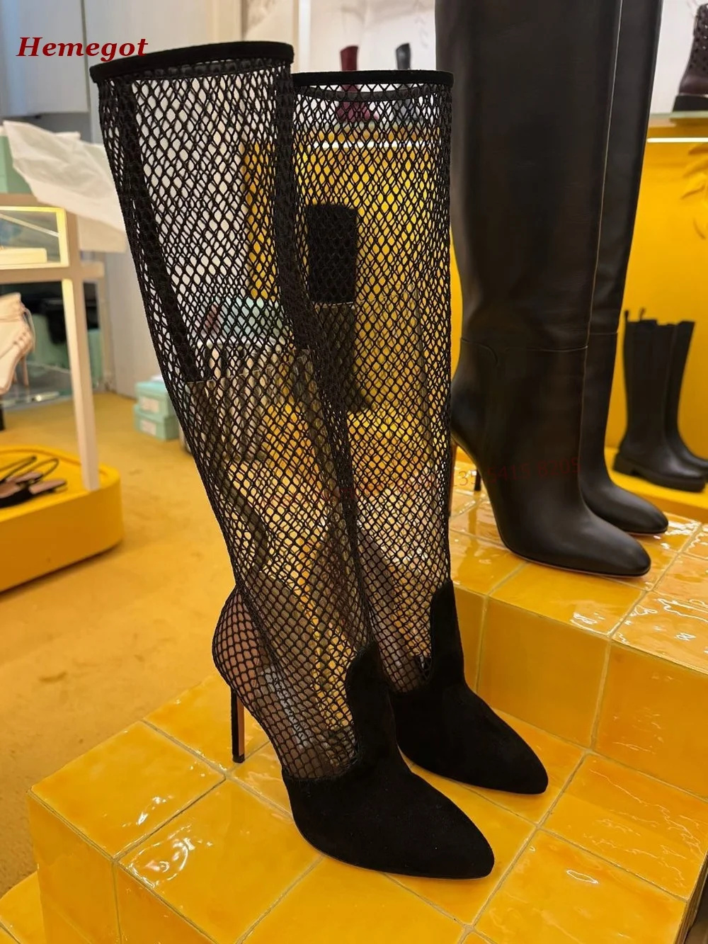 

Splicing Air Mesh Knee High Boots Hollow Out Pointy Toe Patchwork Stiletto Heels Women's Long Boots Summer Autumn Party Shoes