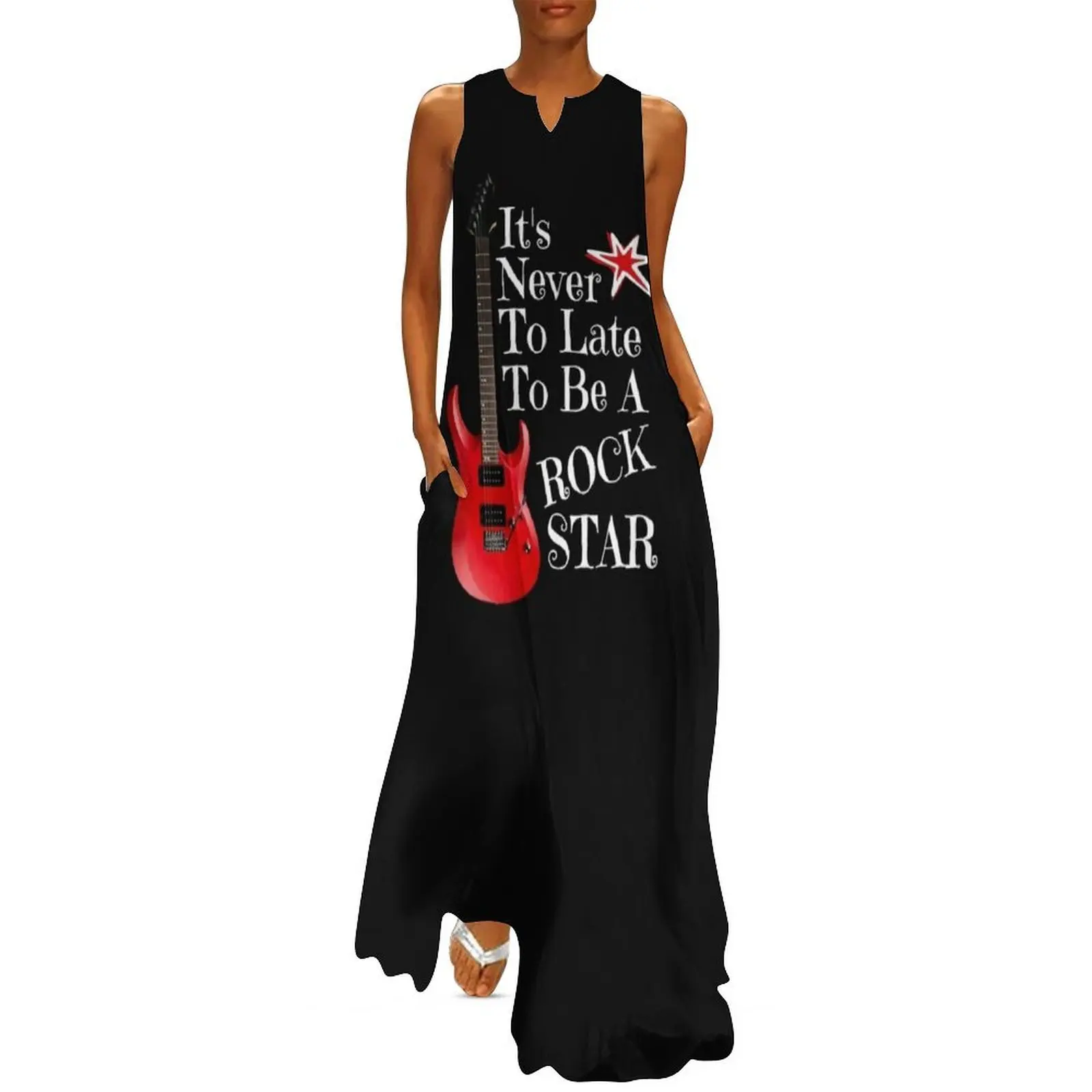 

It's Never To Late To Be A Rock Star!. Cool Retro Vintage Design. Witty Friends Funny Long Dress party dresses women