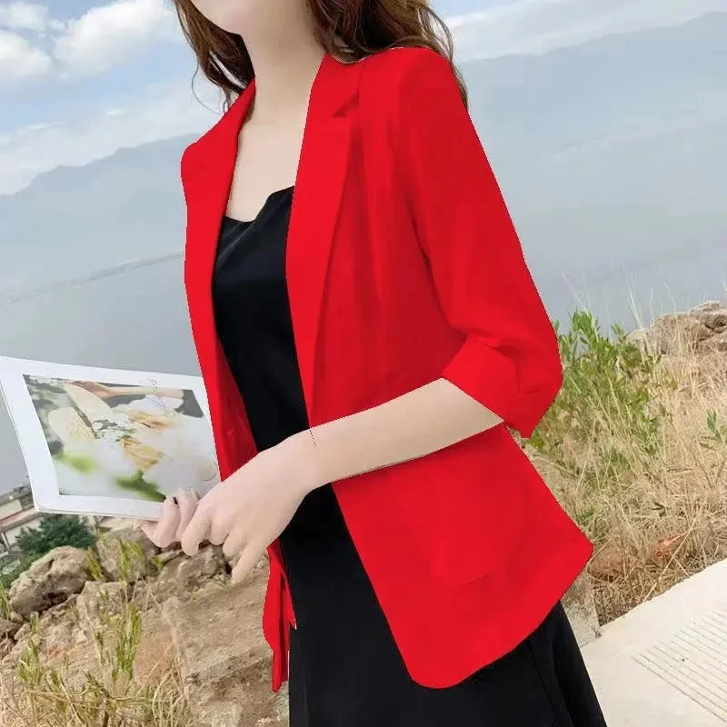 Traje pequeño de lino para mujer, chaqueta fina, abrigo de algodón y lino, ropa de protección solar, Blazer informal coreano, Tops 5XL, 2024