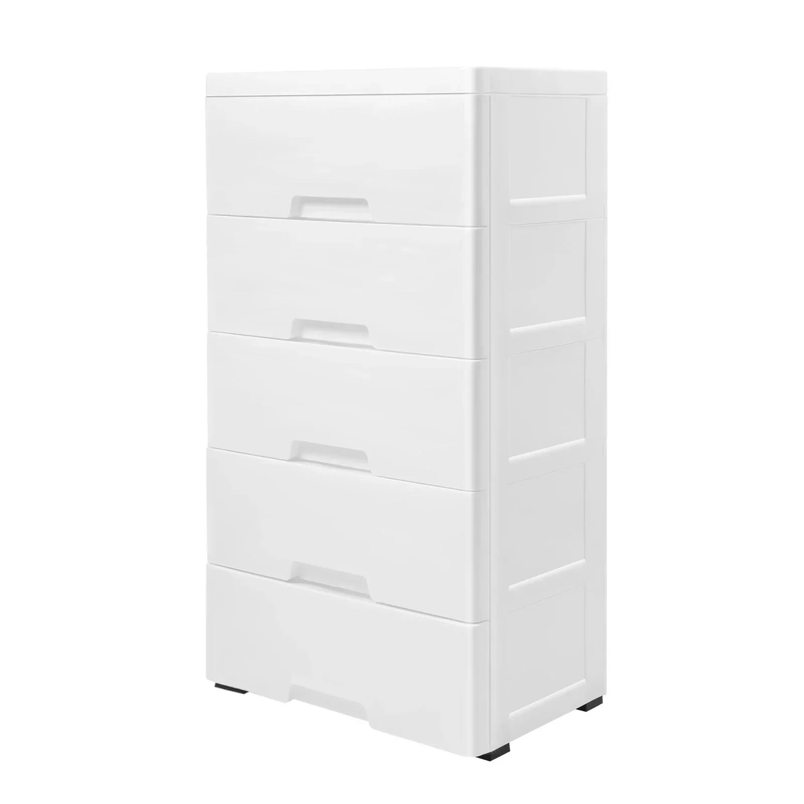 

5-Drawer Plastic Storage Dresser with Wheels for Bedroom - Stackable Vertical Organizer for Clothes, Toys & Books (White)