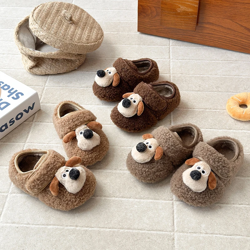 2026 Children Fur Shoes Autumn Winter Kids Outwear Warm Velvet Shoes Boys Girls Slip-on Cute Dog Animal Shoes Khaki,