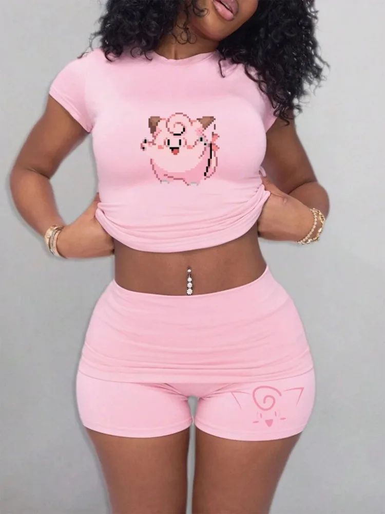 Dames T-shirt Sport-T-shirt Binnen-T-shirt met cartoon Jigglypuff-print op roze Set Gesloten ogen Lachend patroon - afbeelding 2