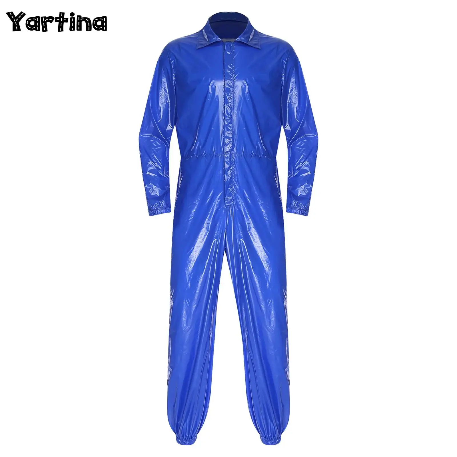 Mens Factory Workshop Costume Water Resistant Coveralls Workwear Glossy Turn-Down Collar Long Sleeve Zipper Overalls Jumpsuit
