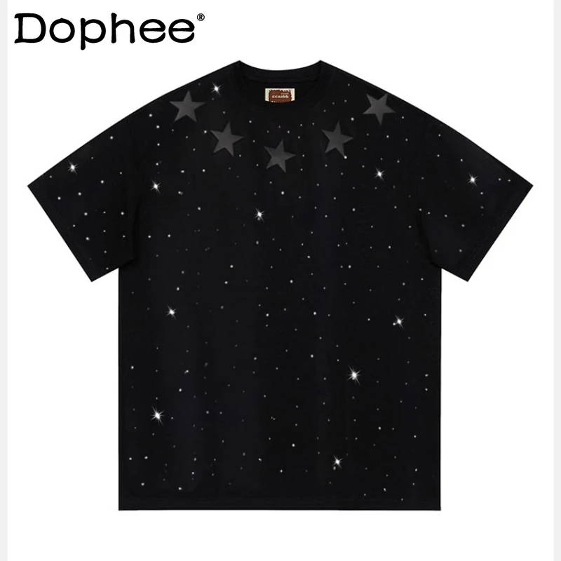 

Men's 2025 Summer New American Style High Street Chic Tees Male Trendy Tops Starry Sky Hot Diamond Cotton Short-sleeve T-shirts