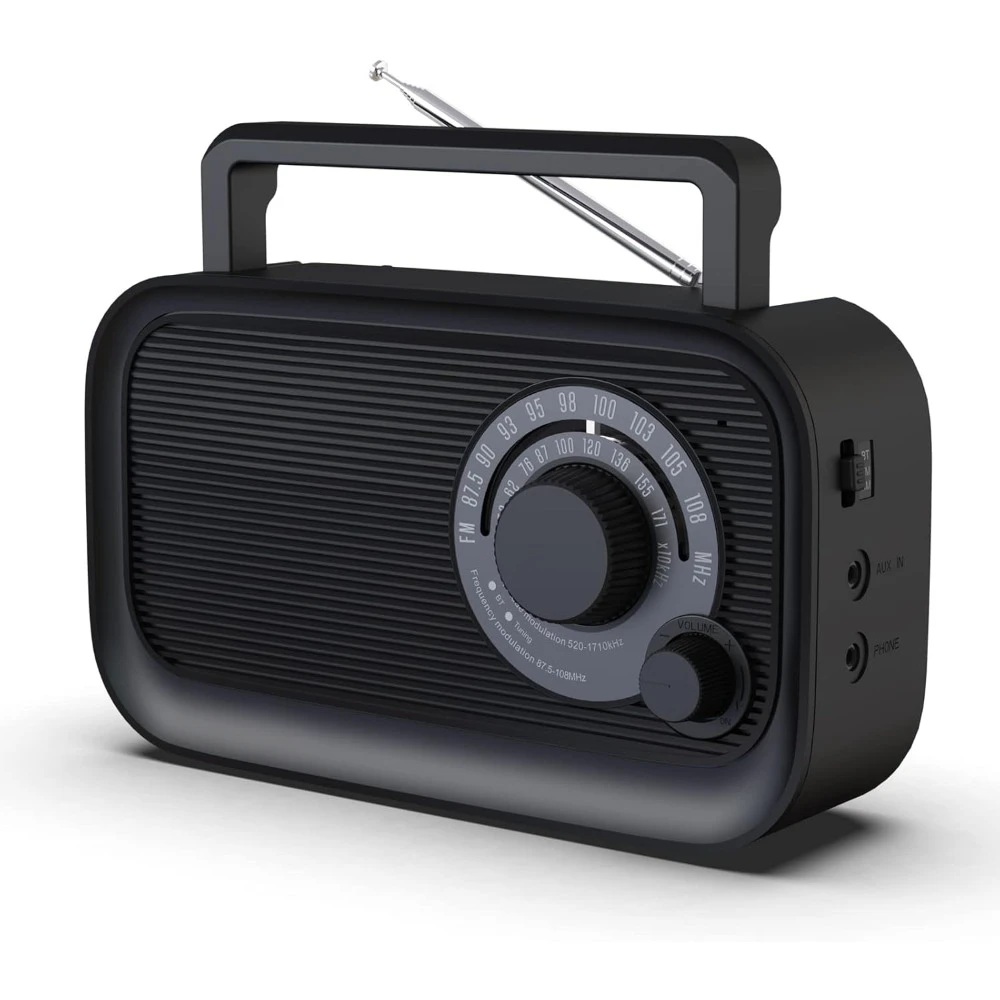AM/FM Bluetooth Radio w/DSP, Best Reception, AC/Battery Power, Headphone Jack, Large Knob for Home/Outdoor Use