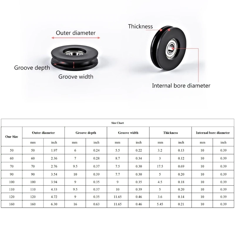 Nylon Bearing Pulley Wheel, Round Black Wheel Cable Gym Fitness Equipment Parts