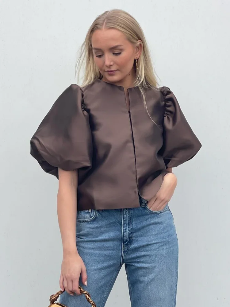 Women Casual Satin Round Neck Puff Sleeves Shirts Fashion Solid Short Cardigan Blouse 2025 Spring Elegant Lady High Streetwear